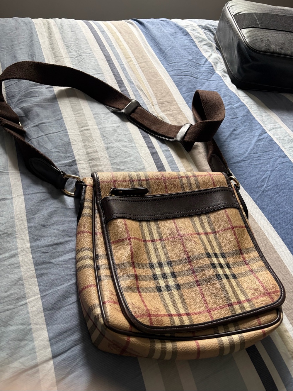 Burberry Beige Plaid Crossbody Messenger Bag with Brown Trim